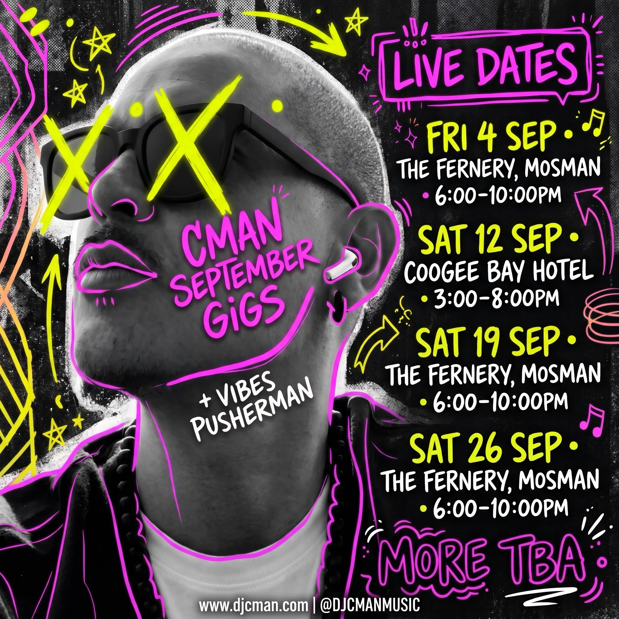 DJ CMAN Sydney soul and funk DJ - September 2026 live dates: The Fernery Mosman and Coogee Bay Hotel, modern soul, funk, classic boogie, afro latin tropical and jazzy house, plus Vibes Pusherman