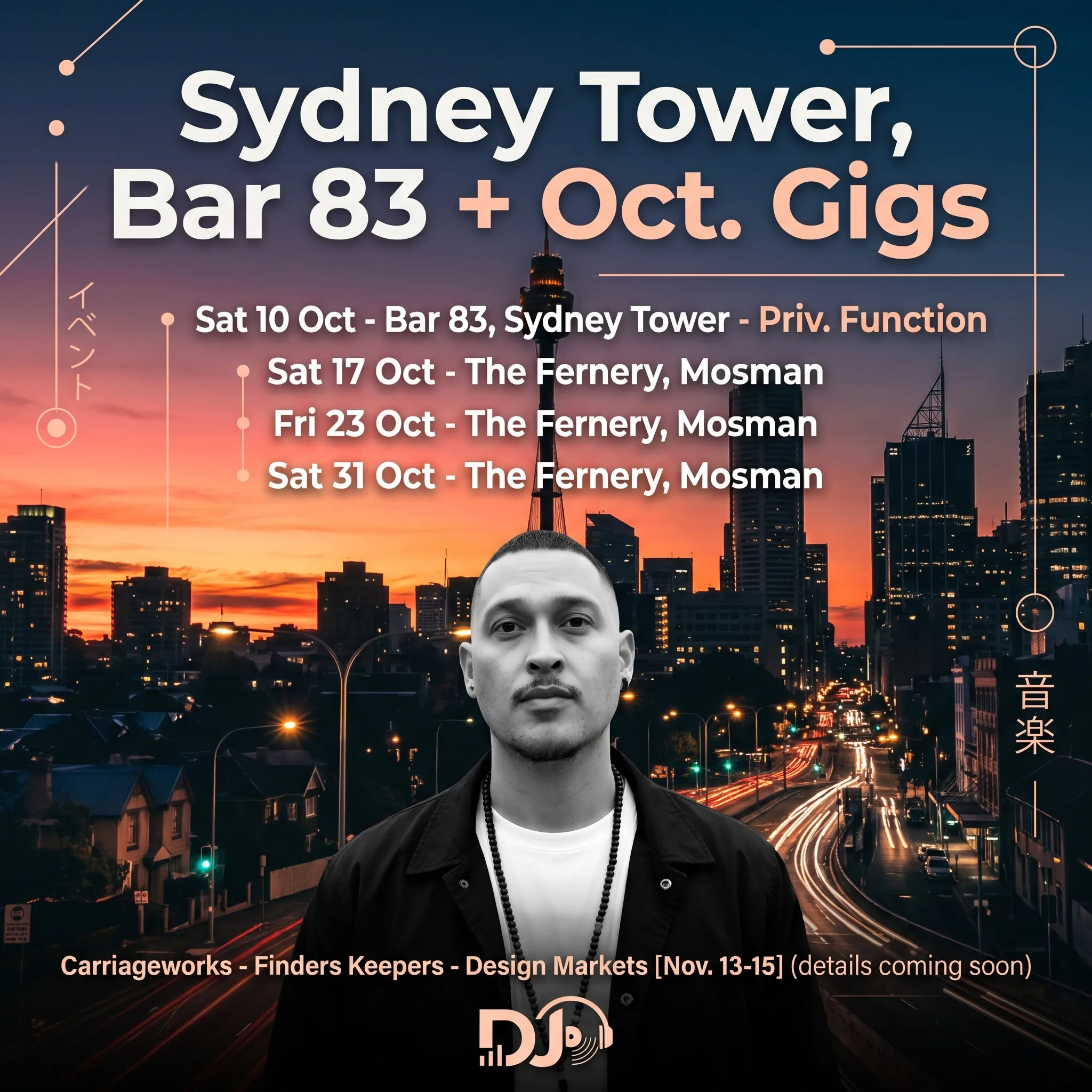 DJ CMAN October gigs flyer — Bar 83 Sydney Tower, The Fernery Mosman, Finders Keepers Carriageworks
